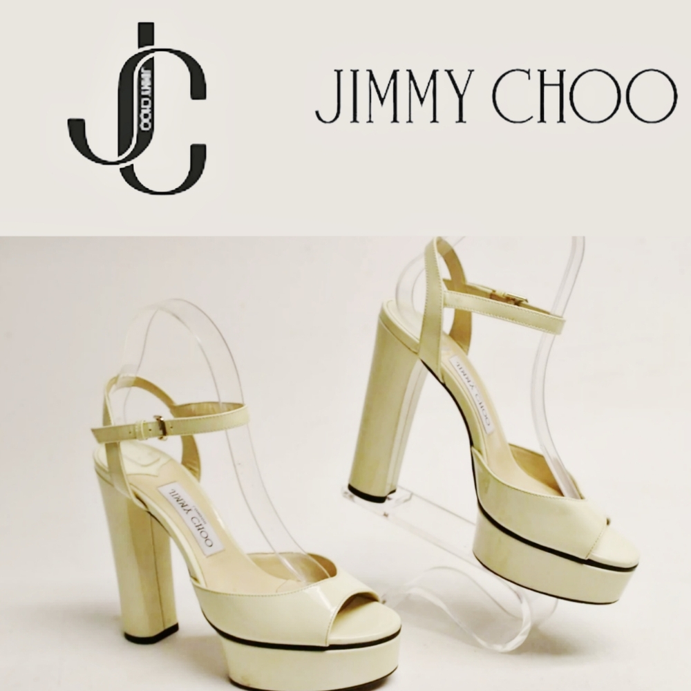 Jimmy Choo Italy Patent Leather Platform Ankle Strap Heels Block Peep Toe Sandal